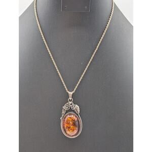 Vintage Large Baltic Amber Sterling Silver Rose Leaf Design Pendant Necklace